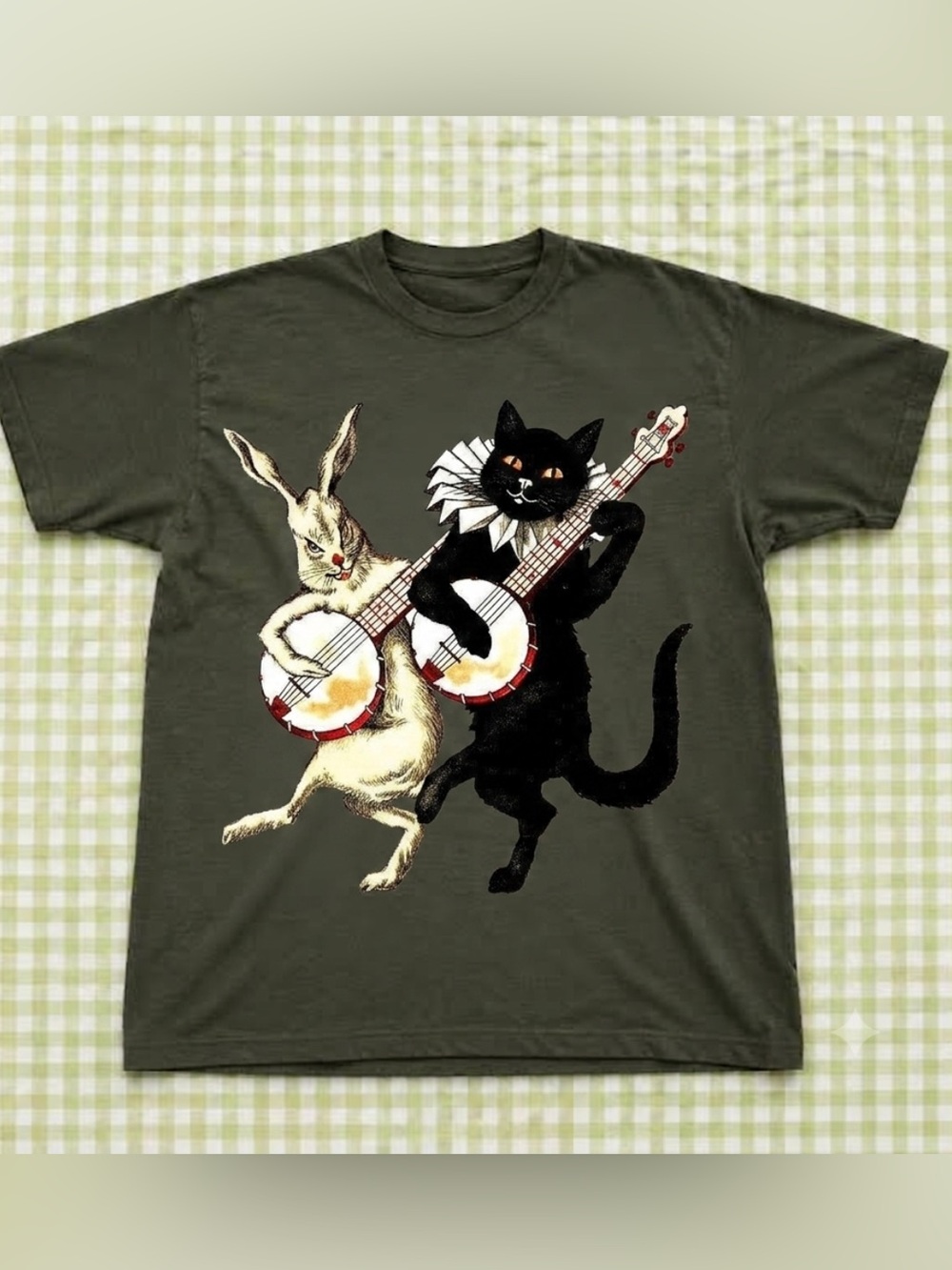 Cat Banjo Band Graphic T-Shirt, Forest Green Vintage Tee, Cat Lover Gift